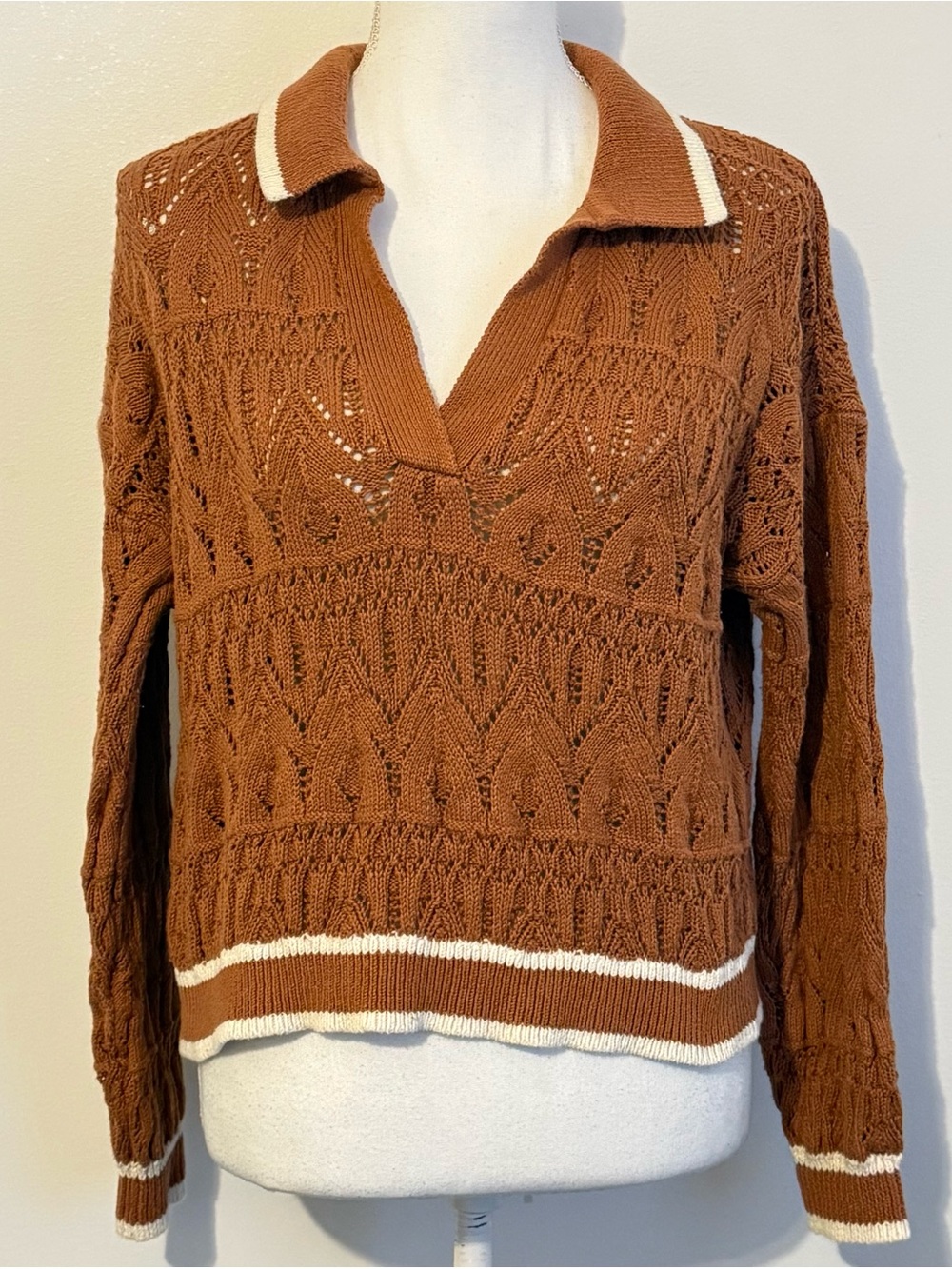 Universal Thread Women’s Medium Brown Open Knit Polo Sweater 100% Cotton Cropped